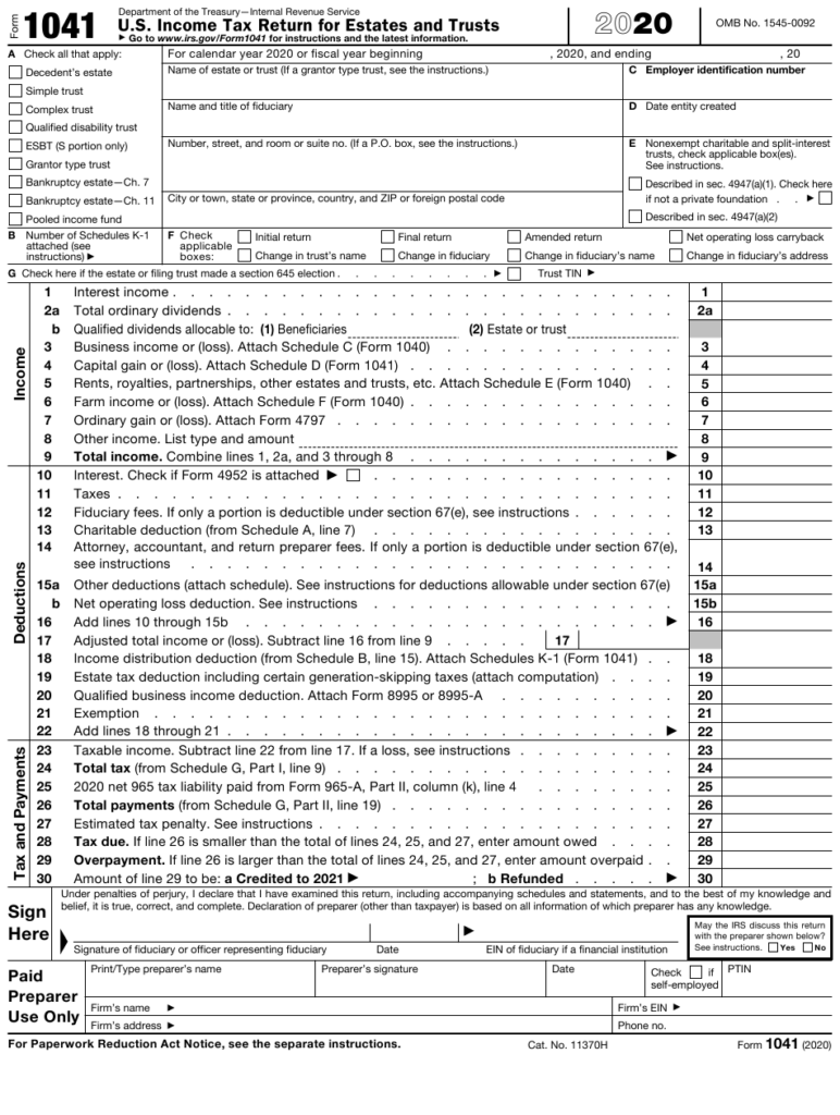 IRS Form 1041 Download Fillable PDF Or Fill Online U S Income Tax 