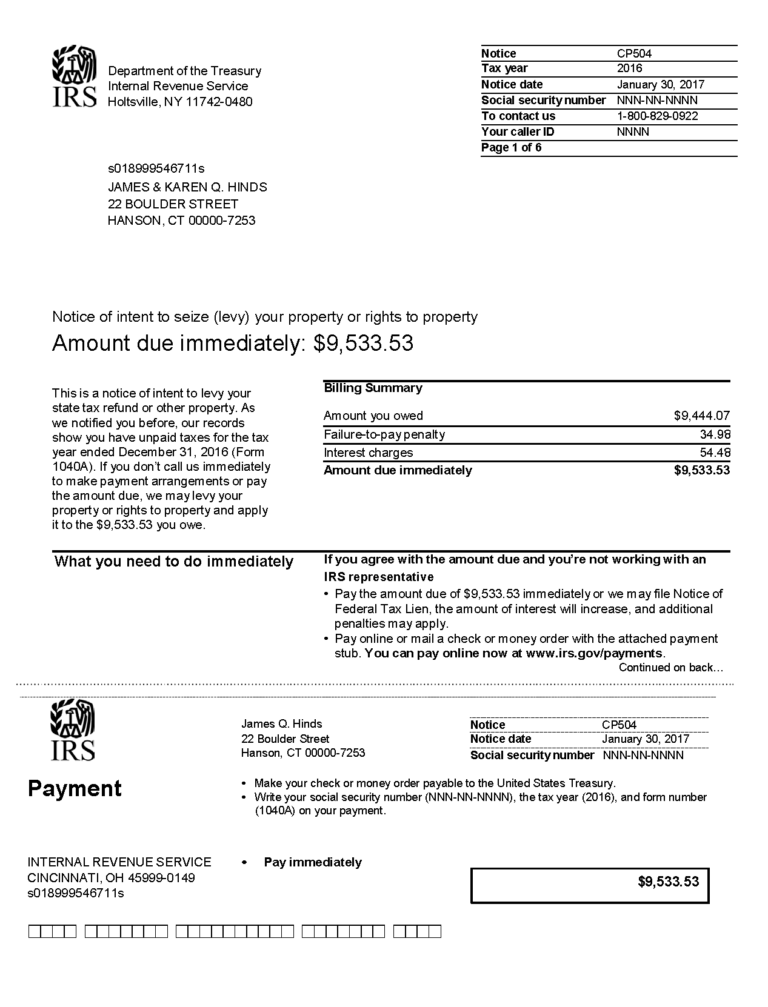 IRS Notice CP504 Notice Of Intent To Seize Your Property H R Block