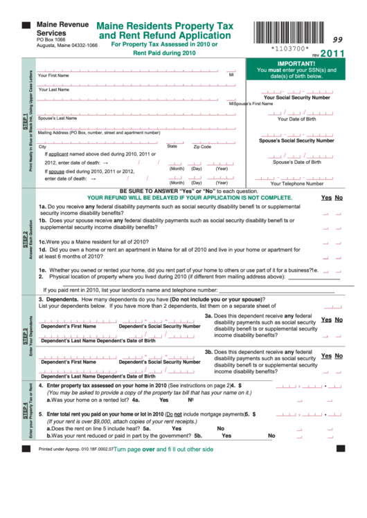 Maine Residents Property Tax And Rent Refund Application 2011 