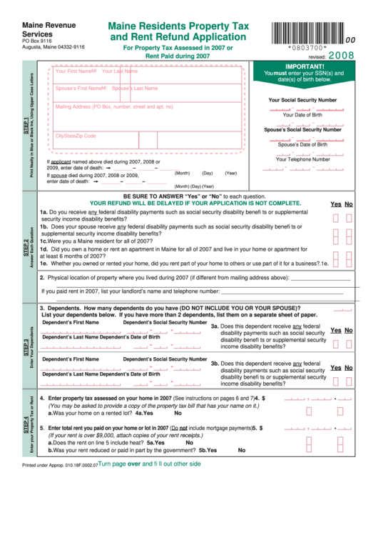 Maine Residents Property Tax And Rent Refund Application Form 2008