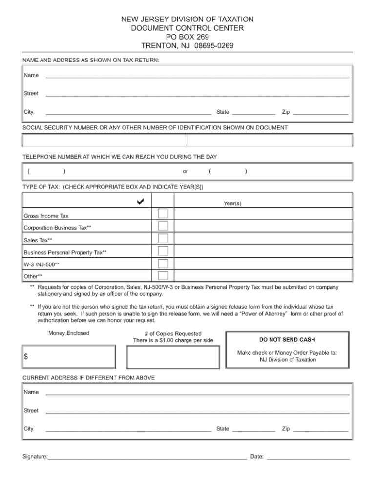 NEW JERSEY DIVISION OF TAXATION DOCUMENT CONTROL CENTER PO BOX 269