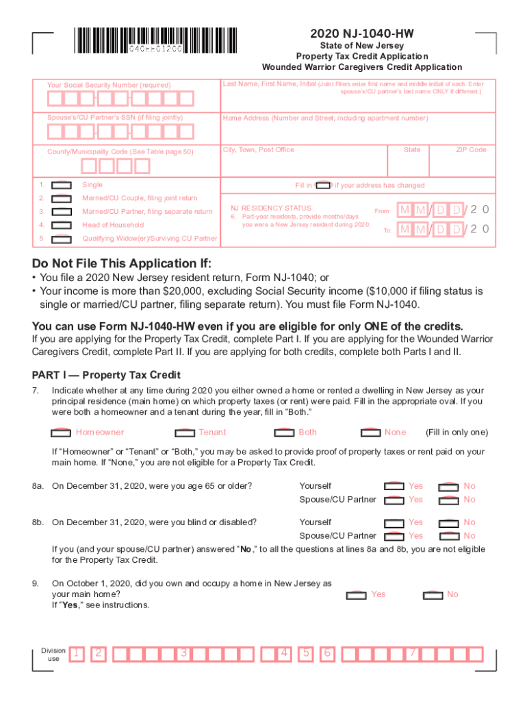 New Jersey Form 1040hw Property Tax Credit Application This Is A Four 