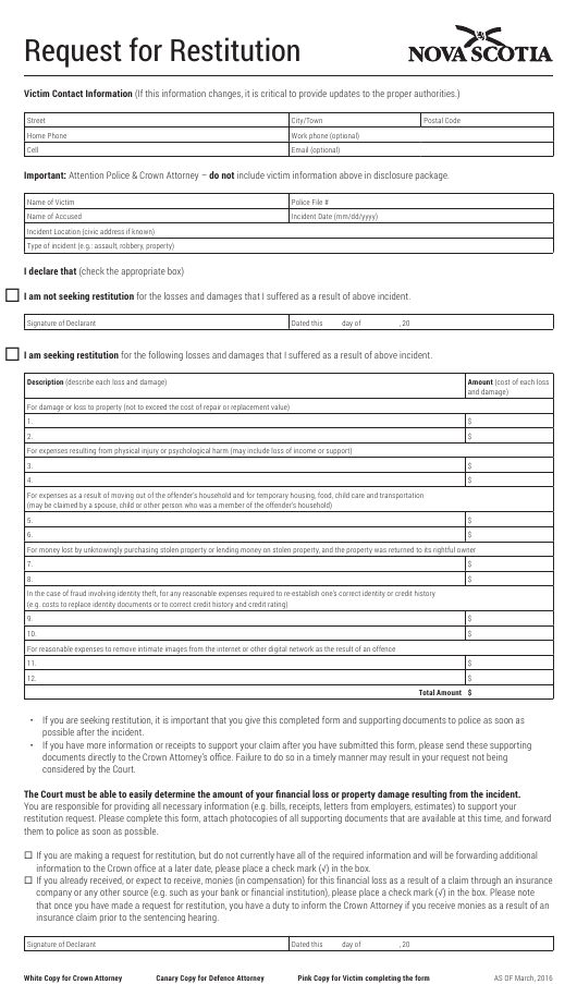 Nova Scotia Canada Request For Restitution Download Printable PDF 