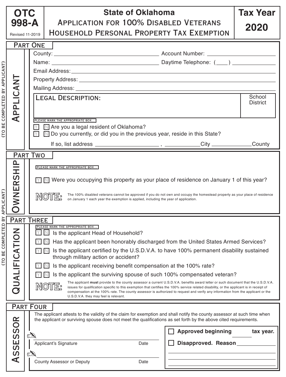 OTC Form 998 A Download Fillable PDF Or Fill Online Application For 100 