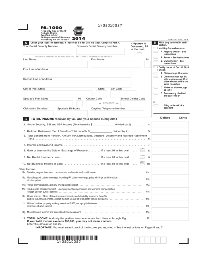 PA 1000 2014 Property Tax Or Rent Rebate Claim Free Download