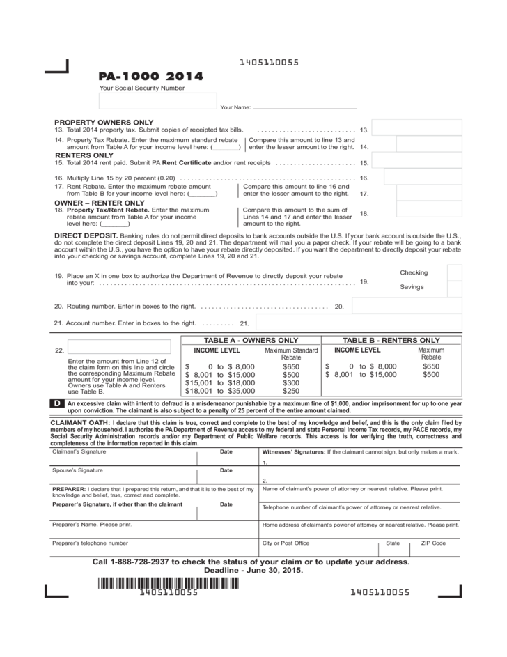 PA 1000 2014 Property Tax Or Rent Rebate Claim Free Download