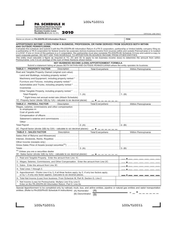 PA 20S PA 65 H 2010 Apportioned Business Income Loss Free Download