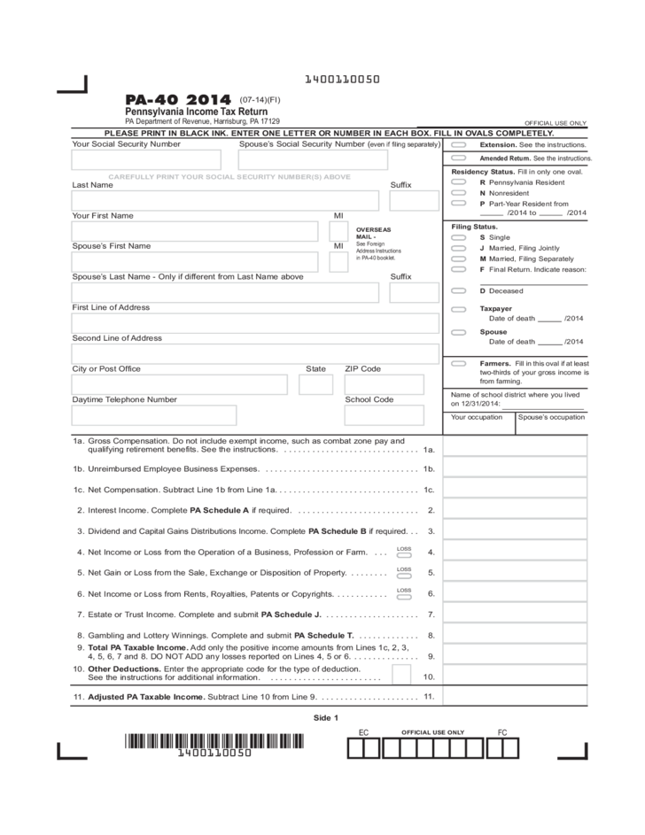 PA 40 2014 Pennsylvania Income Tax Return Free Download