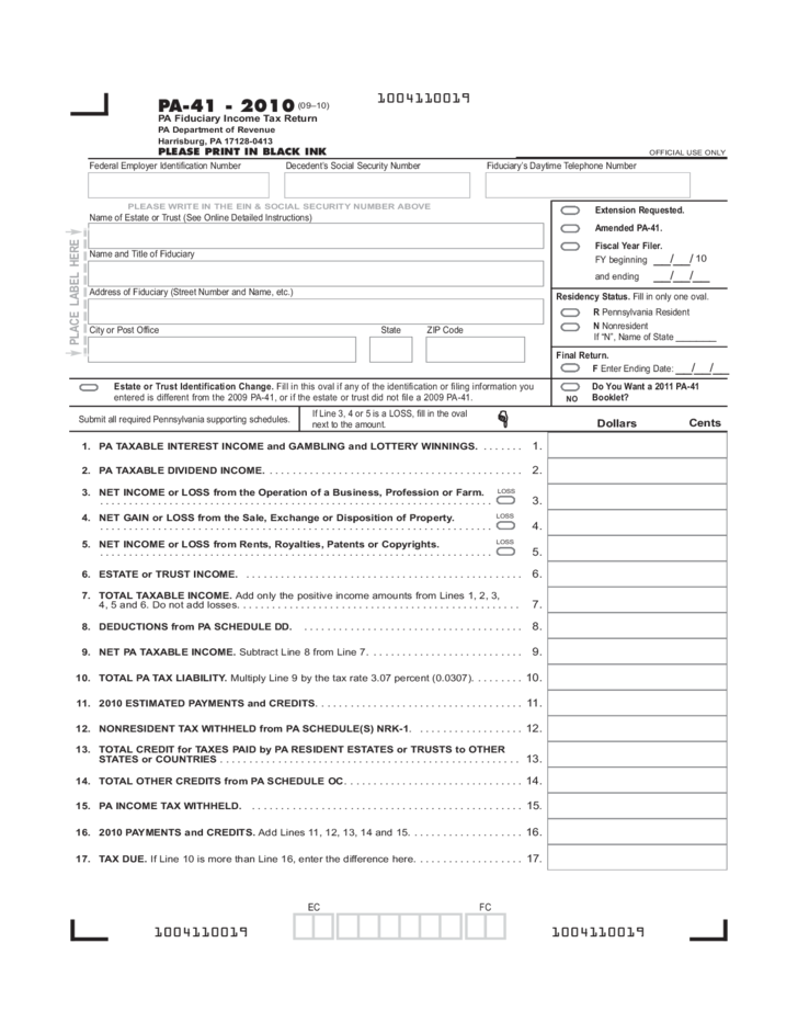 PA 41 OI 2010 Fiduciary Income Tax Return Other Information Free Download