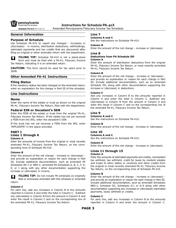 PA 41X Schedule 2013 Amended PA Fiduciary Income Tax Schedule Free 