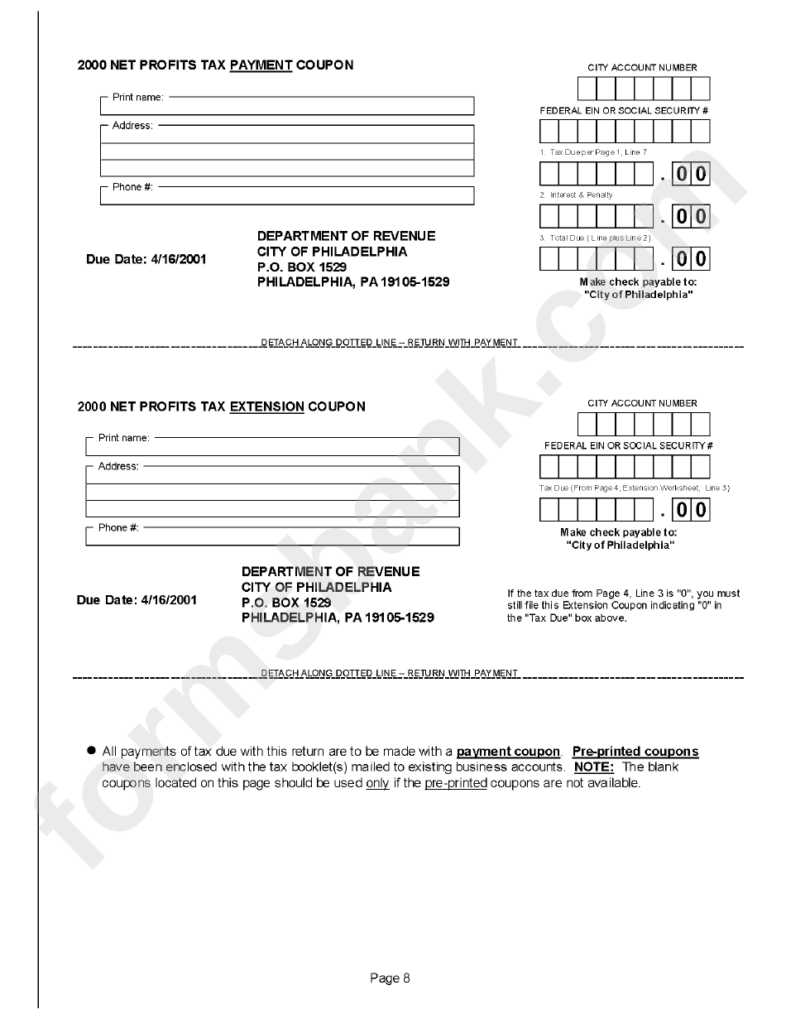 Profit Tax Payment extension Coupon Forms Philadelphia Department Of 