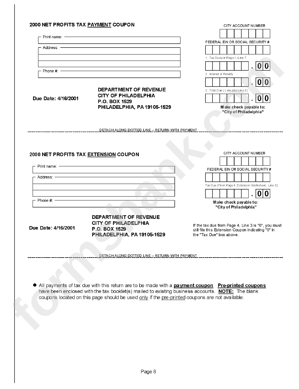 Profit Tax Payment extension Coupon Forms Philadelphia Department Of 