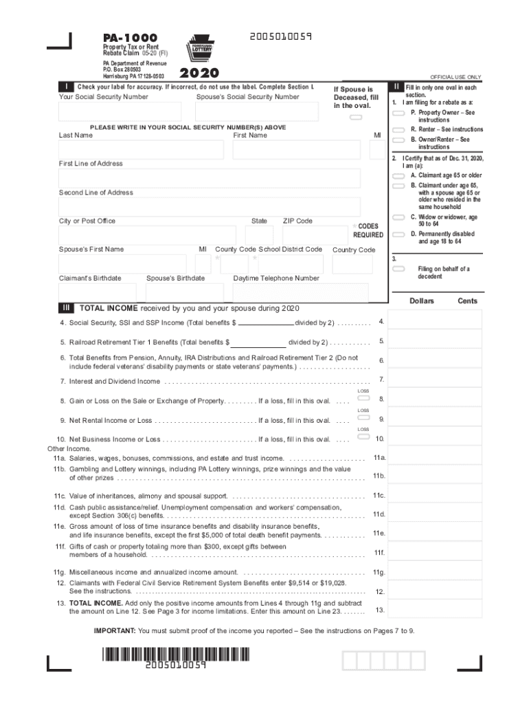 Property Tax Or Rent Rebate Claim PA 1000 FormsPublications Fill Out