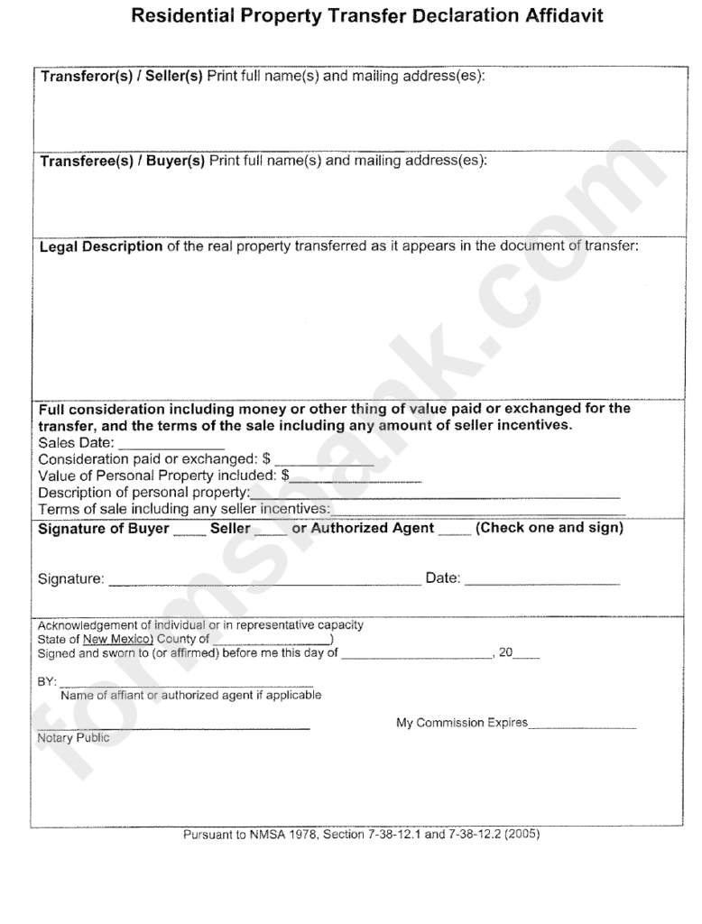 Residential Property Transfer Declaration Affidavit Form Printable Pdf 