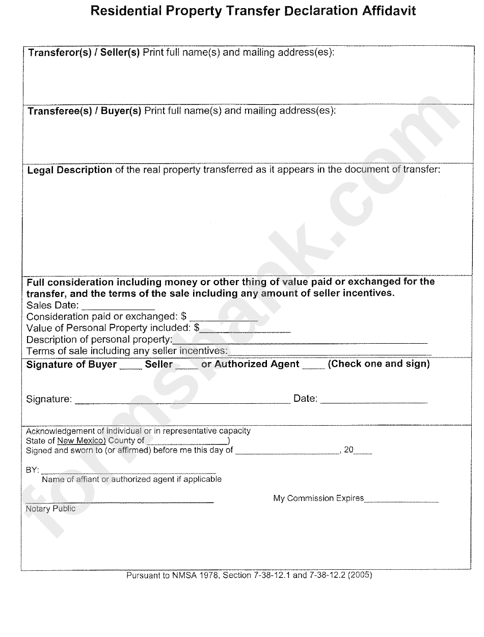 Residential Property Transfer Declaration Affidavit Form Printable Pdf