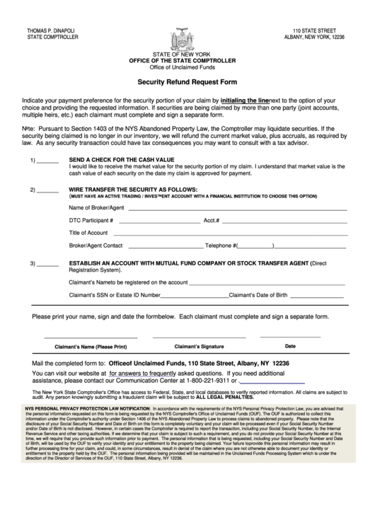 Security Refund Request Form New York State Comptroller Printable Pdf