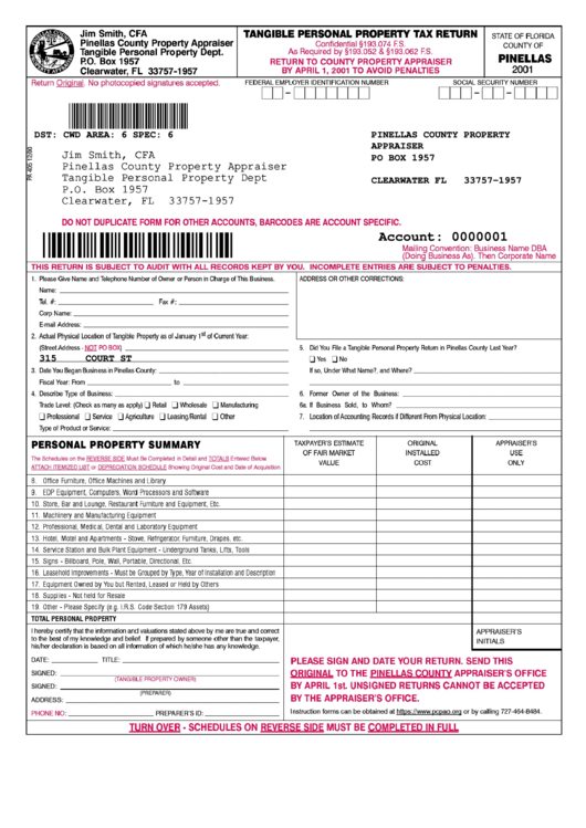 Tangible Personal Property Tax Return 2001 Pinellas County Florida 