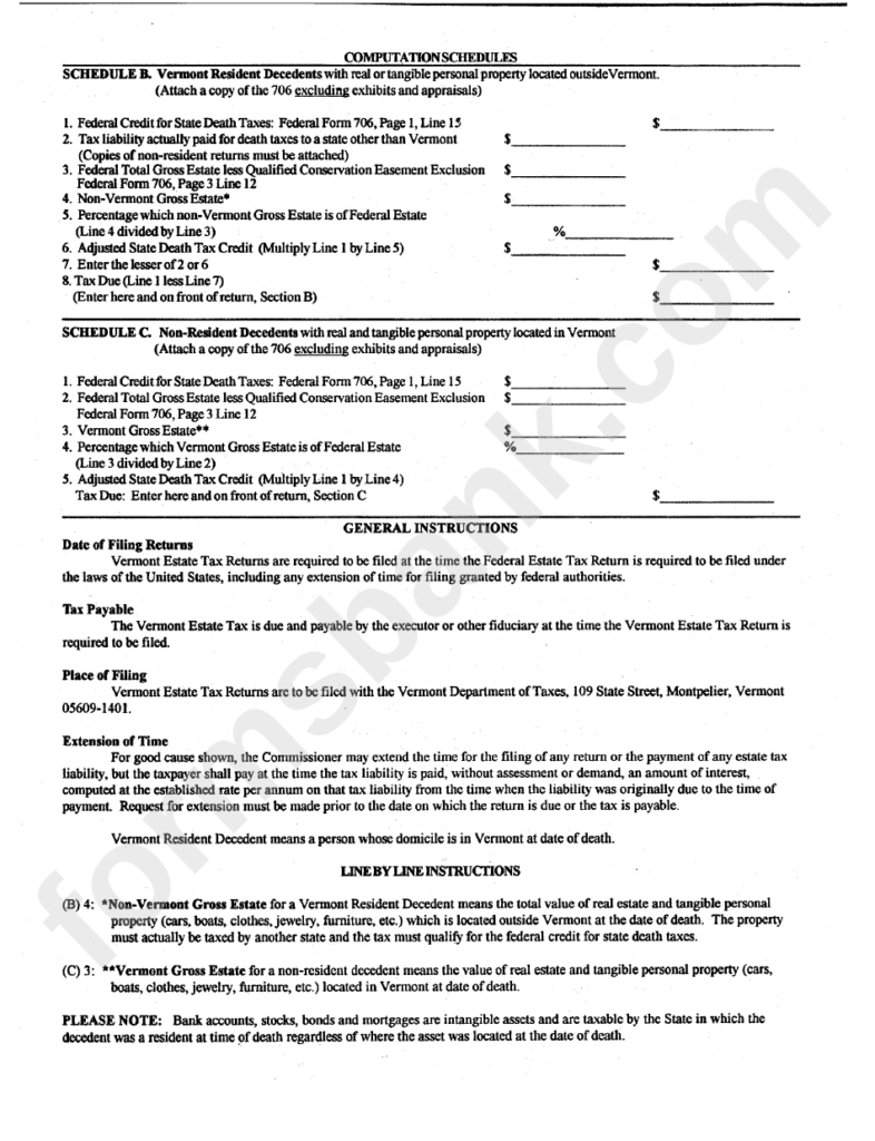 Vermont Estate Tax Return Form Instructions Printable Pdf Download