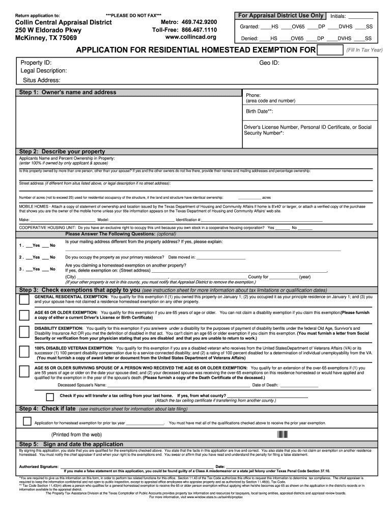 Veteran Homestead Tax Form Collin County Texas Fill Online Printable 