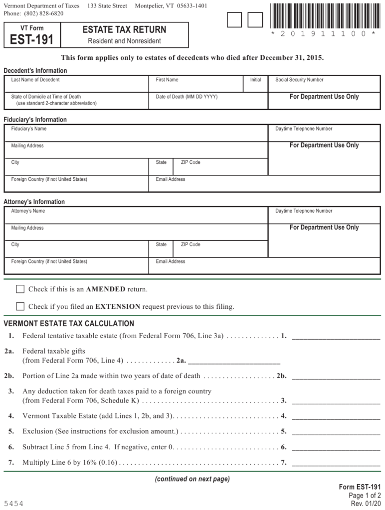 VT Form EST 191 Download Fillable PDF Or Fill Online Estate Tax Return 