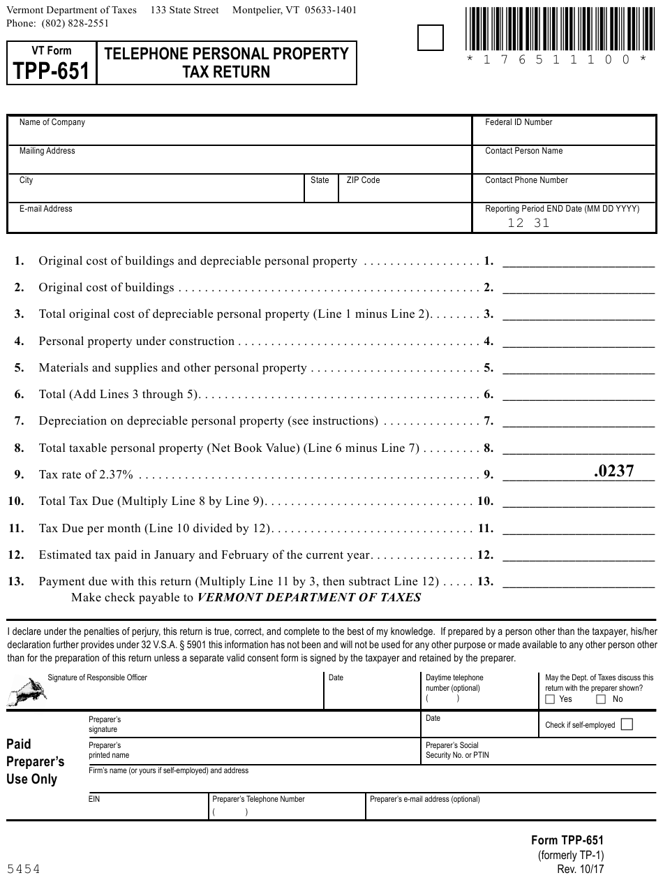 VT Form TPP 651 Download Printable PDF Or Fill Online Telephone 