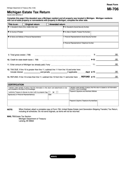 Fillable Form Mi 706 Michigan Estate Tax Return Printable Pdf Download