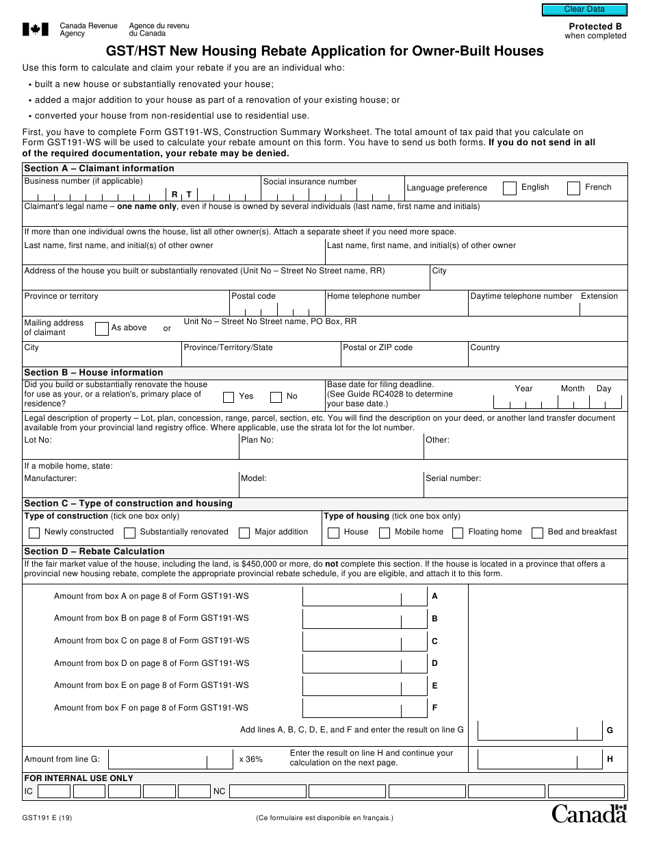 Form GST191 Download Fillable PDF Or Fill Online Gst Hst New Housing 