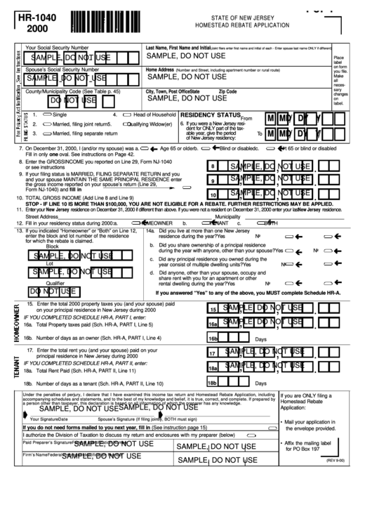 Form Hr 1040 Sample Homestead Rebate Application 2000 Printable Pdf 