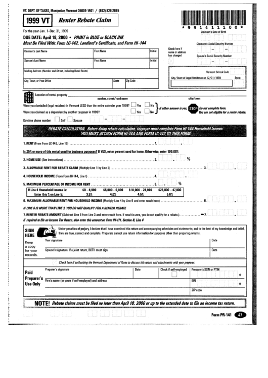 Form Pr 141 Renter Rebate Claim Vermont Department Of Taxes 1999 