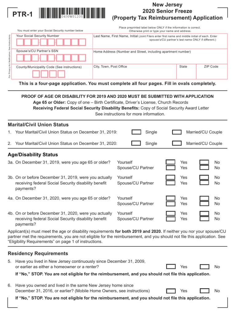 Form PTR 1 Download Fillable PDF Or Fill Online Senior Freeze Property 