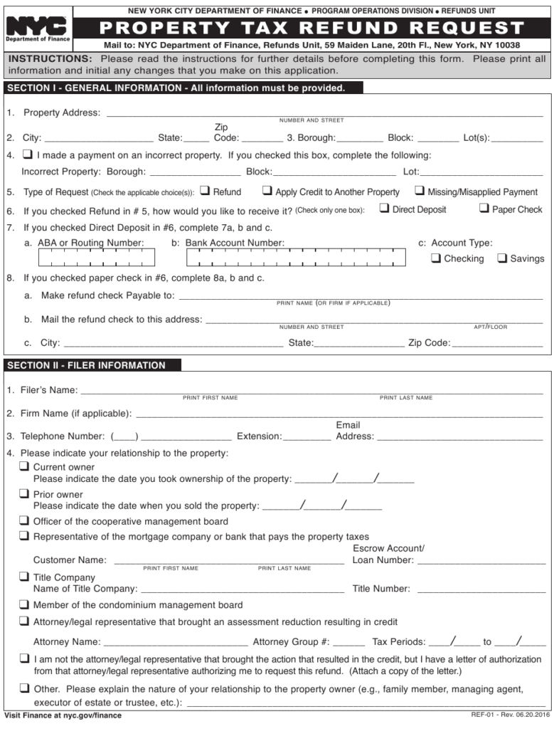 Form REF 01 Download Printable PDF Or Fill Online Property Tax Refund 