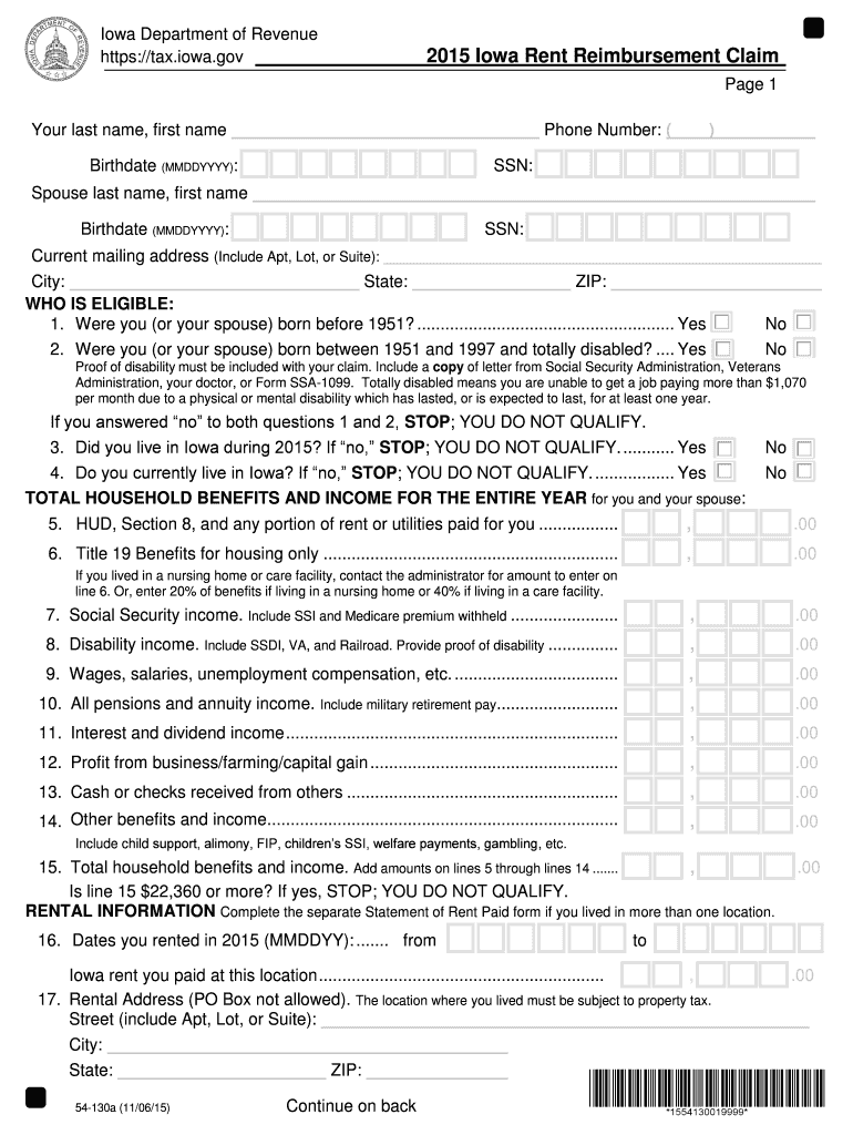 Iowa Rent Rebate 2015 Form Fill Out Sign Online DocHub