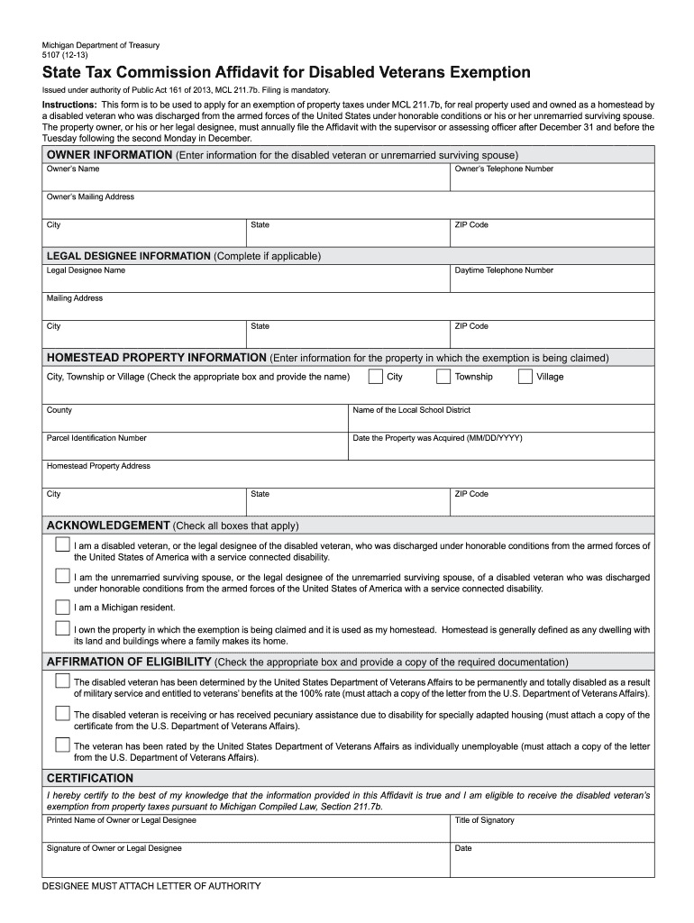 Michigan Veterans Property Tax Exemption Form 5107 Fill Out Sign 