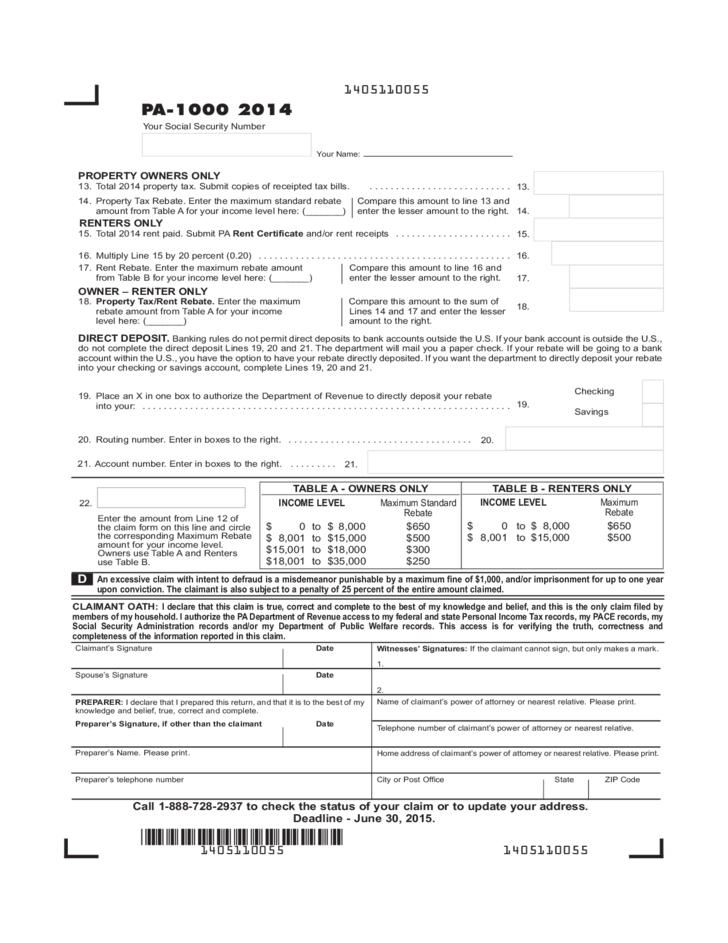 PA 1000 2014 Property Tax Or Rent Rebate Claim Free Download 