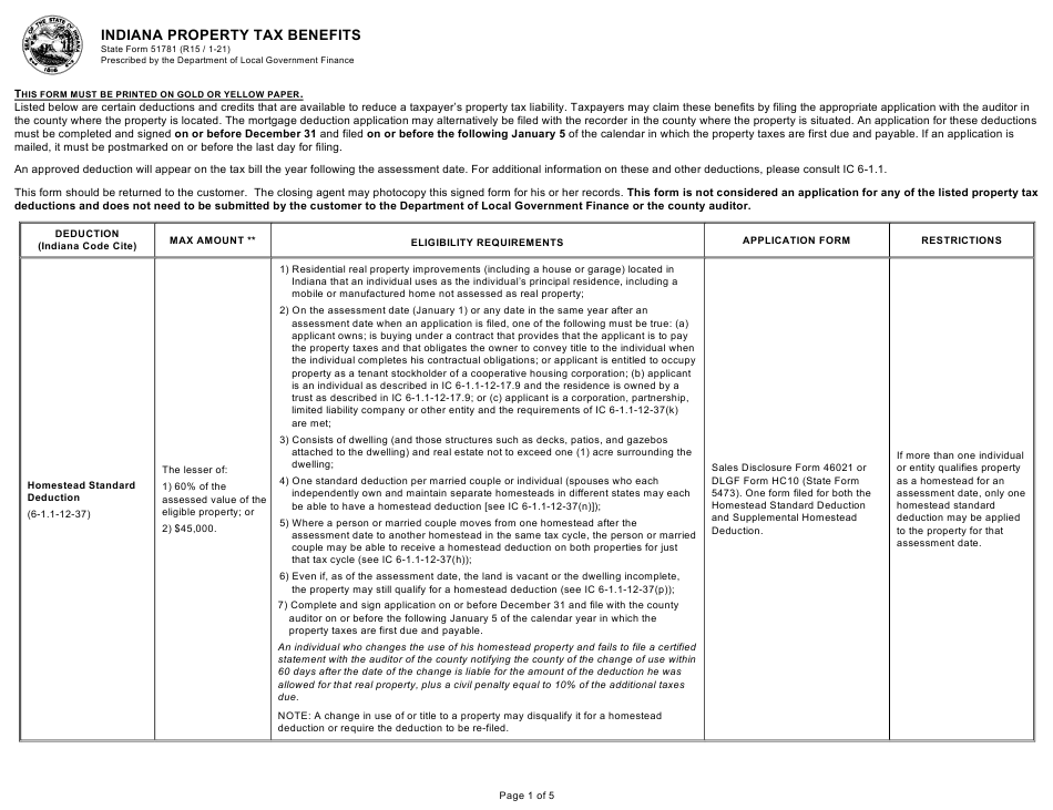 State Form 51781 Download Fillable PDF Or Fill Online Indiana Property 